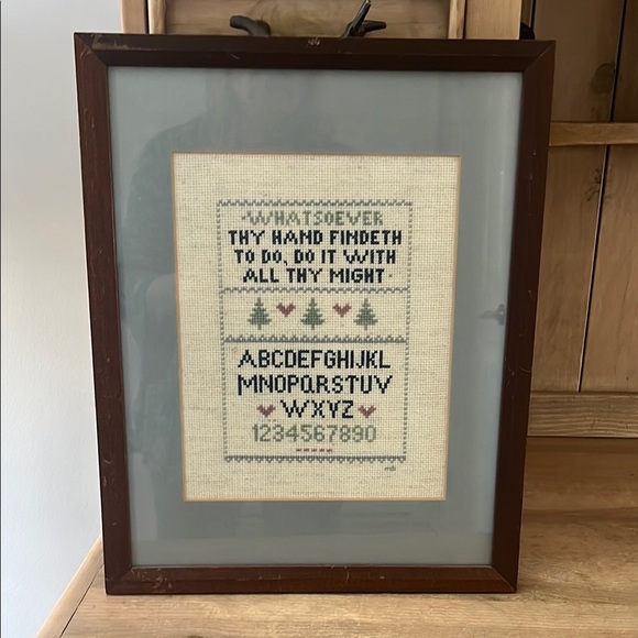 Framed Inspirational Cross-Stitch Sampler Art Hand Stitched 12” x 15” Vintage - Picture 1 of 7